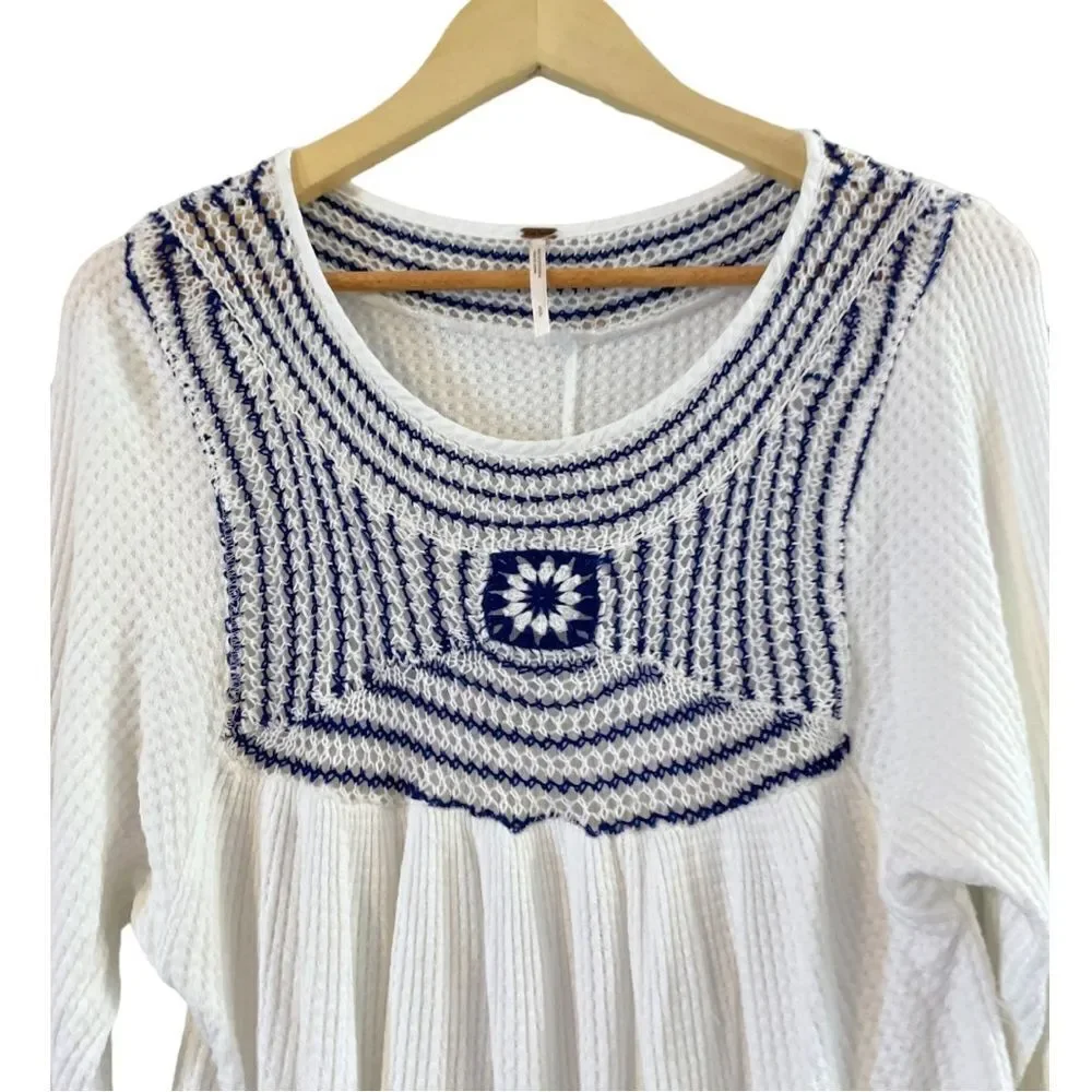 Free People Soul Mate Knit Hi-Lo Thermal Long Sleeve Top, Blue/White, Size Small